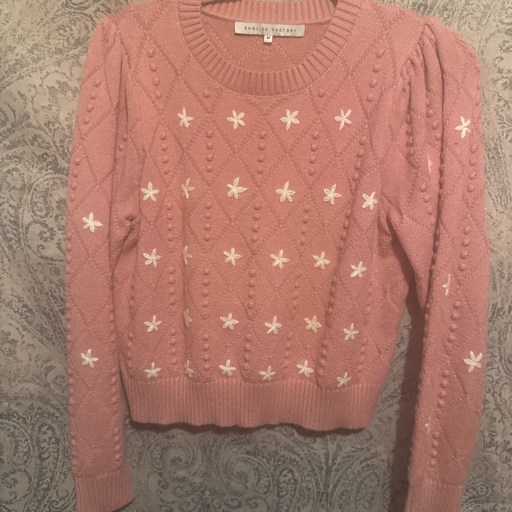 English Factory Pink Crewneck Sweater with White Floral Embroidery